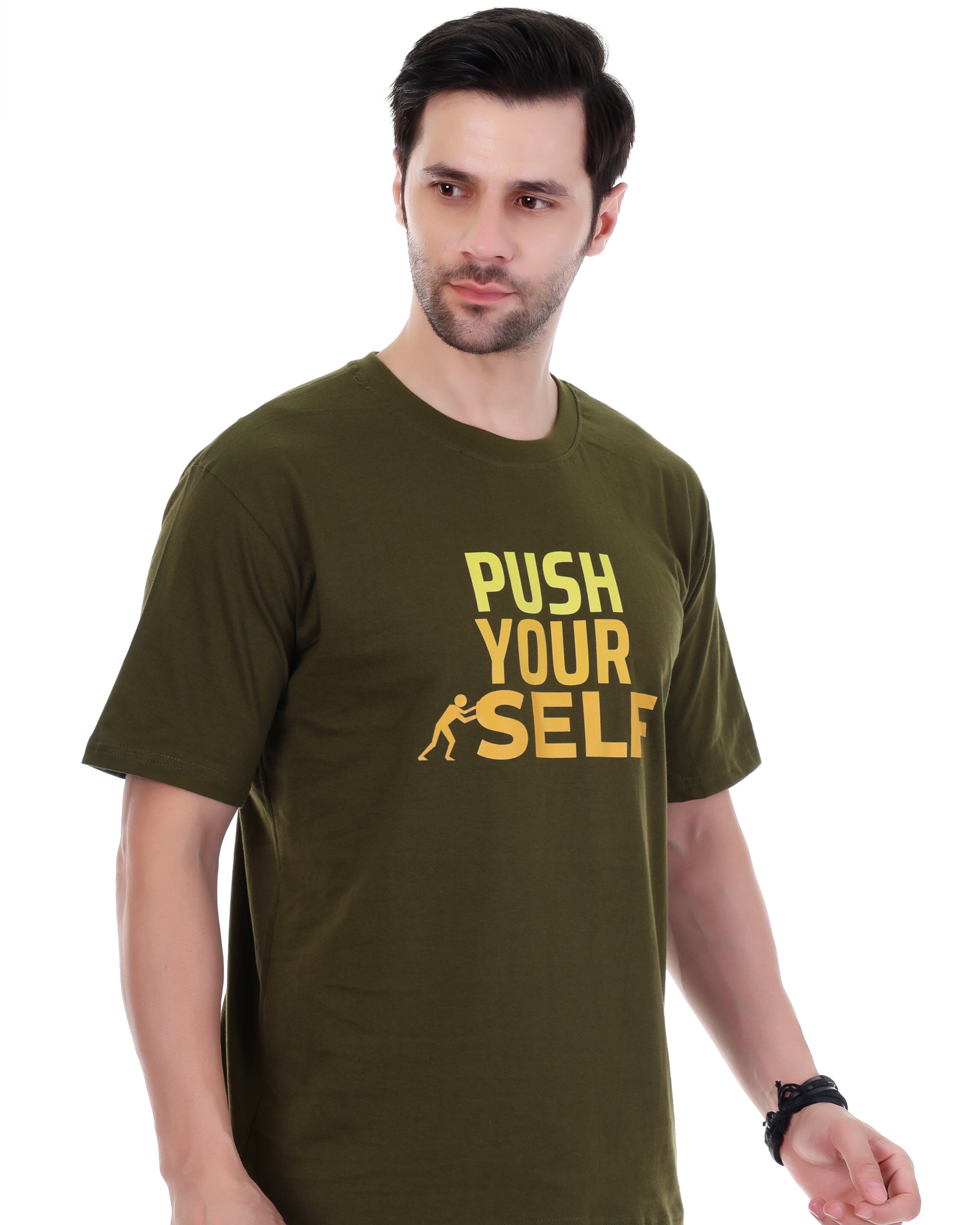 Men's Motivational Graphic T-Shirt – "Push Yourself" Slogan (Olive Green)